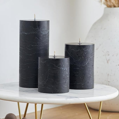 Simply Soson 3x4 inch Black Pillar Candles Set of 3, Rustic Texture, Unscented Black Candles