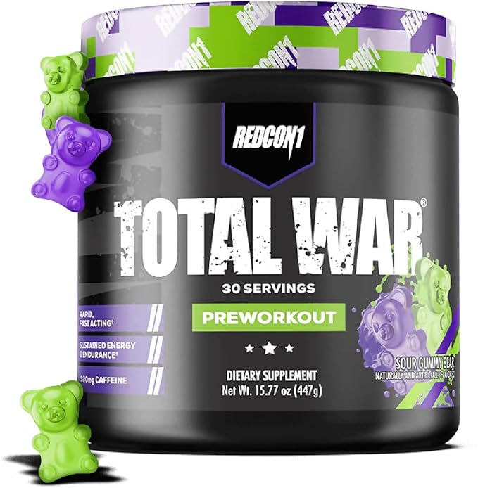 REDCON1 Total War Pre Workout, Sour Gummy Bear - Fast Acting Caffeinated Preworkout for Men + Women
