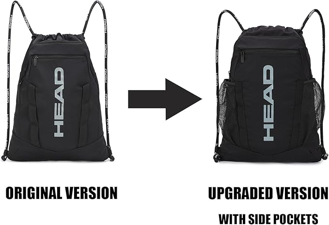 HEAD Waterproof Gym Sackpack for Sport with 2 Zipper Pockets, Large Drawstring Backpacks for Men