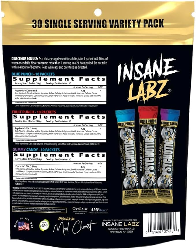 Insane Labz Psychotic Gold, High Stimulant Pre Workout Powder, Extreme Lasting Energy Focus, Pumps