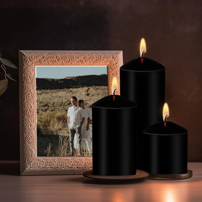Pillar Candles 3 x 4, 6, and 8 inches, Large Handmade Candles Set of 3, Black Decorative Candles
