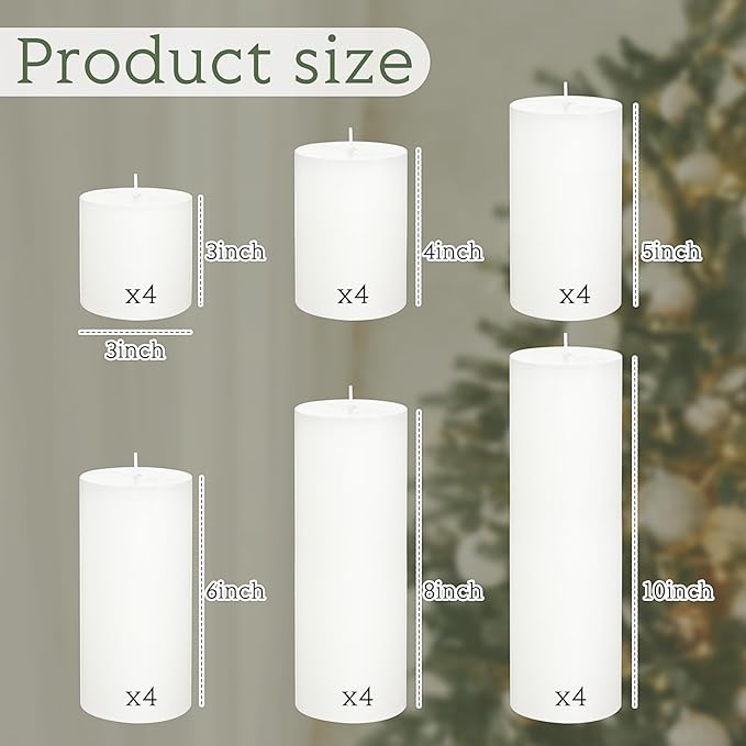 Shihanee 24 Pcs Pillar Candles 3 in x 3,4,5,6,8,10 Dripless Unscented Smokeless Candle Long Burning