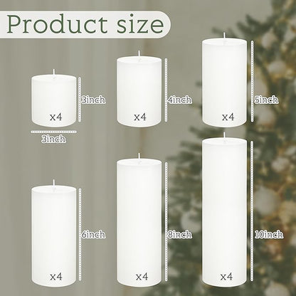 Shihanee 24 Pcs Pillar Candles 3 in x 3,4,5,6,8,10 Dripless Unscented Smokeless Candle Long Burning
