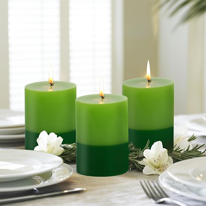 KONNI Green Layered Pillar Candles Set of 3, 3"x 4" Unscented Pillar Candles Bulk, 39 Hours Long