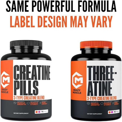 Crazy Muscle, Creatine Pills, 5g 3X Pure Creatine Monohydrate, Pre Workout Bulk Muscle Mass Gainer