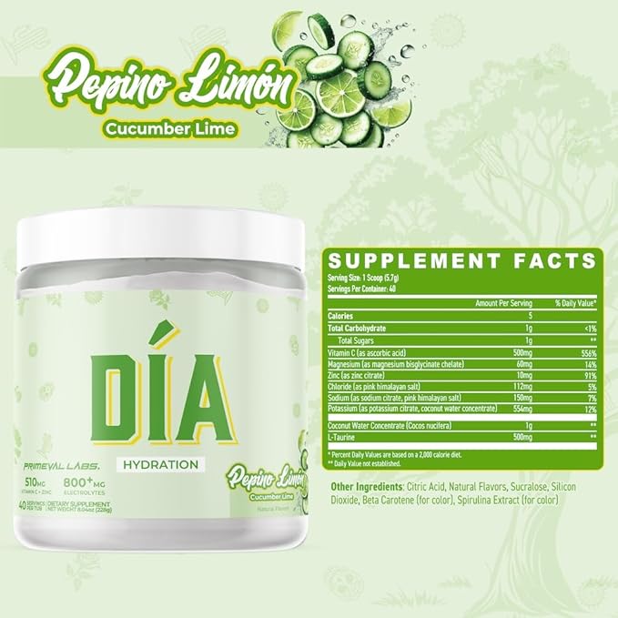 Primeval Labs Dia Hydration Electrolyte Powder | Vitamin C + Zinc, Taurine & Electrolytes | Low