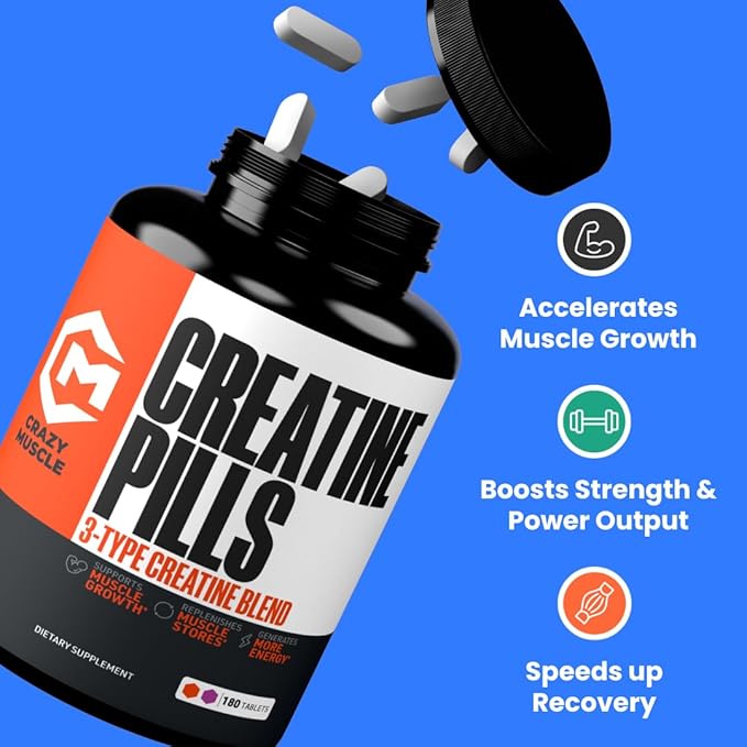 Crazy Muscle Creatine Monohydrate Pills, Premium 3 Type 5g Creatine Pills, Pre and PostWorkout &