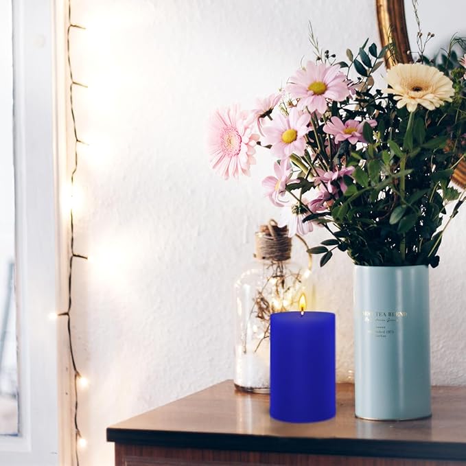 3 Packs 2.8x6 Inch Blue Colored Pillar Candles, Unscented Dripless Non-Toxic Smokeless Clean Long