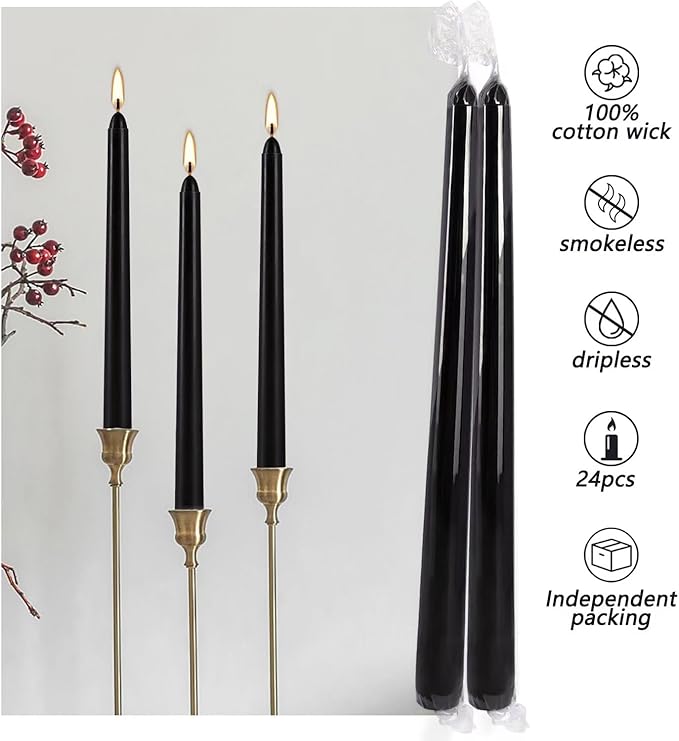 24 Pack Black Taper Candles, 7-8 Hours Burn Time, Unscented, Smokeless and Dripless, 0.75 x 10 Inch