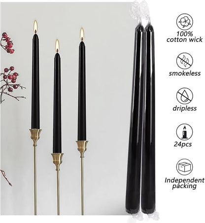 24 Pack Black Taper Candles, 7-8 Hours Burn Time, Unscented, Smokeless and Dripless, 0.75 x 10 Inch