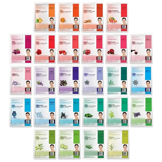 DERMAL 26 Combo Pack Collagen Essence Korean Face Mask (Red & Green) - Hydrating & Soothing Facial