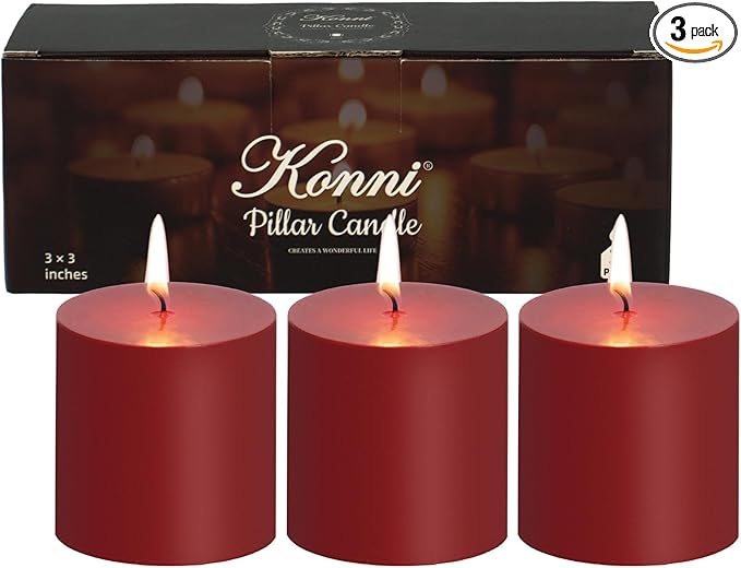 KONNI Dark Red Pillar Candles Set of 3, 3"x 3" Unscented Pillar Candles Bulk, 30 Hours Long Burning