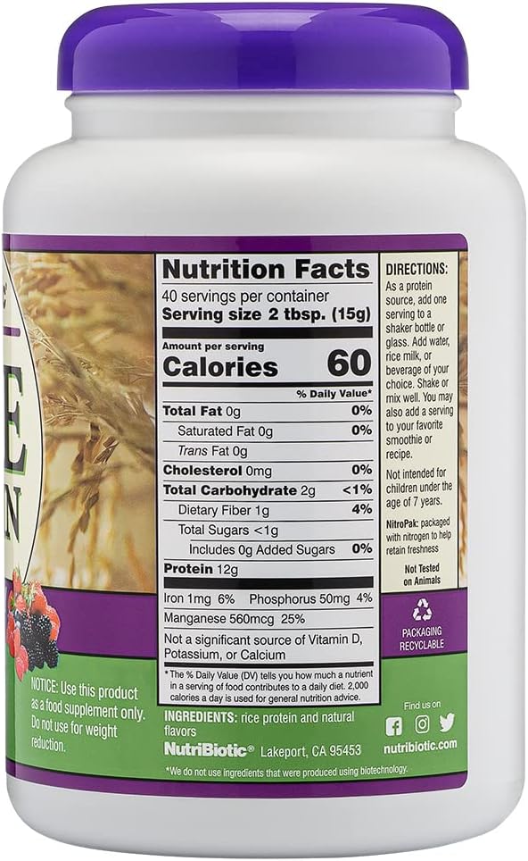 NutriBiotic ??Mixed Berry Rice Protein, 1 Lb 5 Oz (600g) | Low Carb, Keto-Friendly, Vegan, Raw