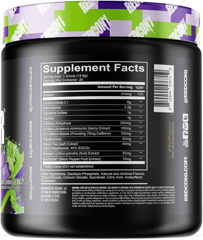 REDCON1 Total War Pre Workout, Sour Gummy Bear - Fast Acting Caffeinated Preworkout for Men + Women