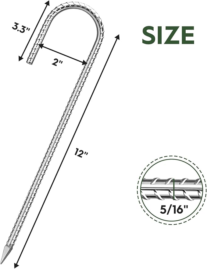 12 inches Ground Stakes Heavy Duty 28 Pieces Metal Fence Rebar Stake 5/16" Diameter J Hook Ground