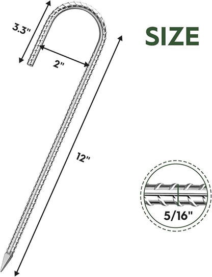 12 inches Ground Stakes Heavy Duty 28 Pieces Metal Fence Rebar Stake 5/16" Diameter J Hook Ground