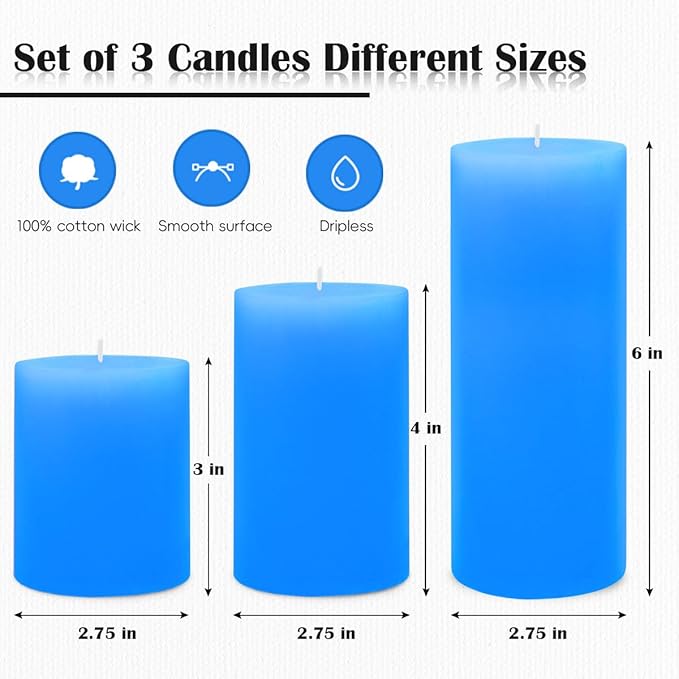 Set of 3 Different Size Light Blue Pillar Candles, Unscented Dripless 2.75x3, 2.75x4, 2.75x6 Inch