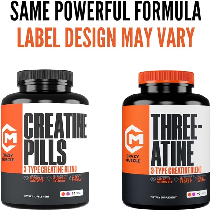 Crazy Muscle Creatine Pills, 5g 3X Pure Creatine Monohydrate, Pre Workout Bulk Muscle Mass Gainer