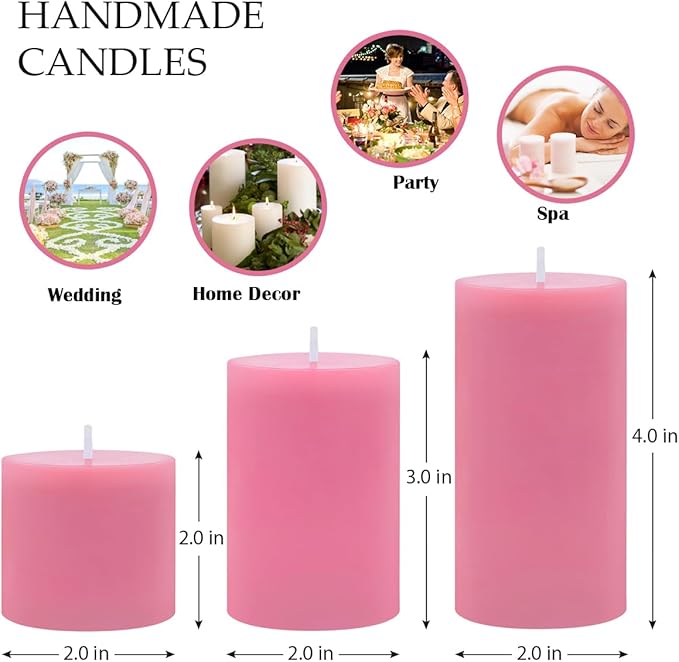 Pink Unscented Pillar Candles 3-Pack ??Dripless & Smokeless, Long-Burning Thick Candles (2",3",4"