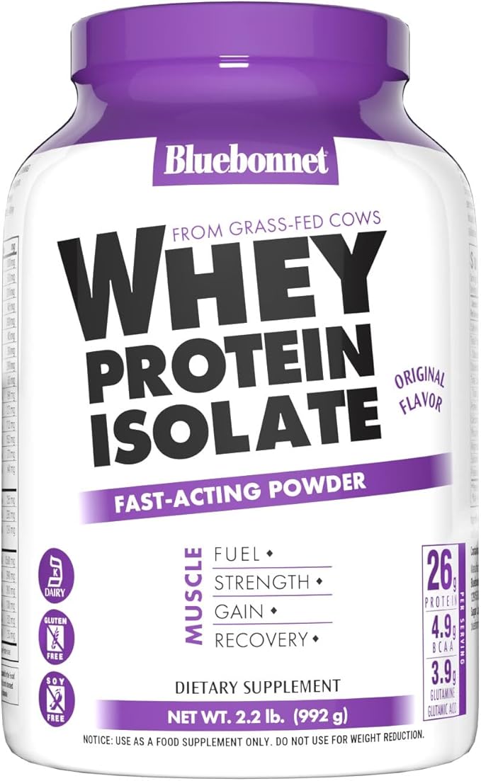 Bluebonnet Nutrition Whey Protein Isolate Powder, Whey from Grass Fed Cows, 26 Grams of Protein, No