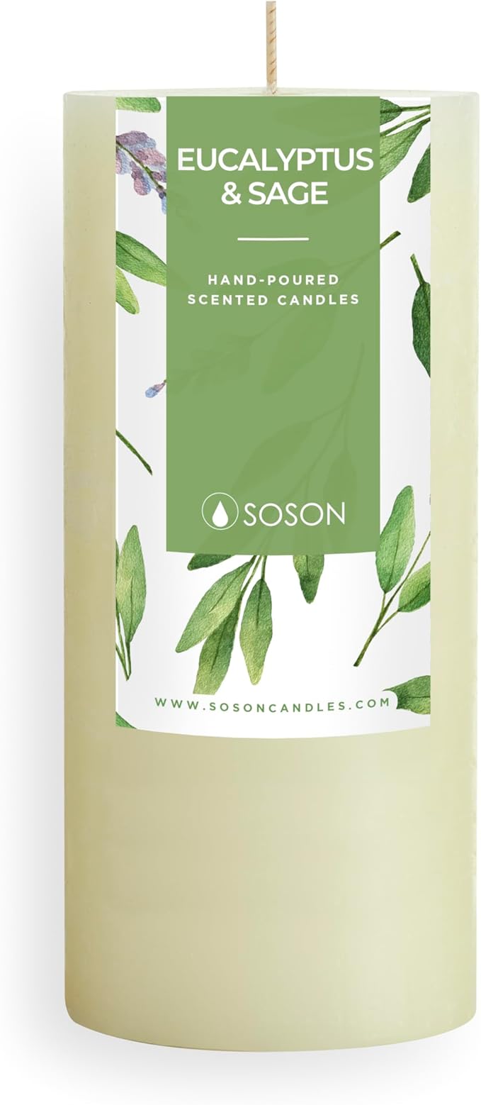 Simply Soson 3x6 inch Ivory Rustic Eucalyptus and Sage Pillar Scented Candle - 1 Piece - for Home