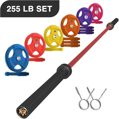 7FT Olympic Barbell Bar with Weight Plate Set Combo, Solid Olympic Bar with Bearings, 700Lbs
