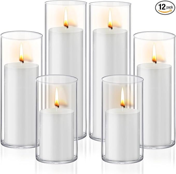 12 PCS White Pillar Candles with Glass Candle Holders Clear Hurricane Candle Holders Glass Cylinder