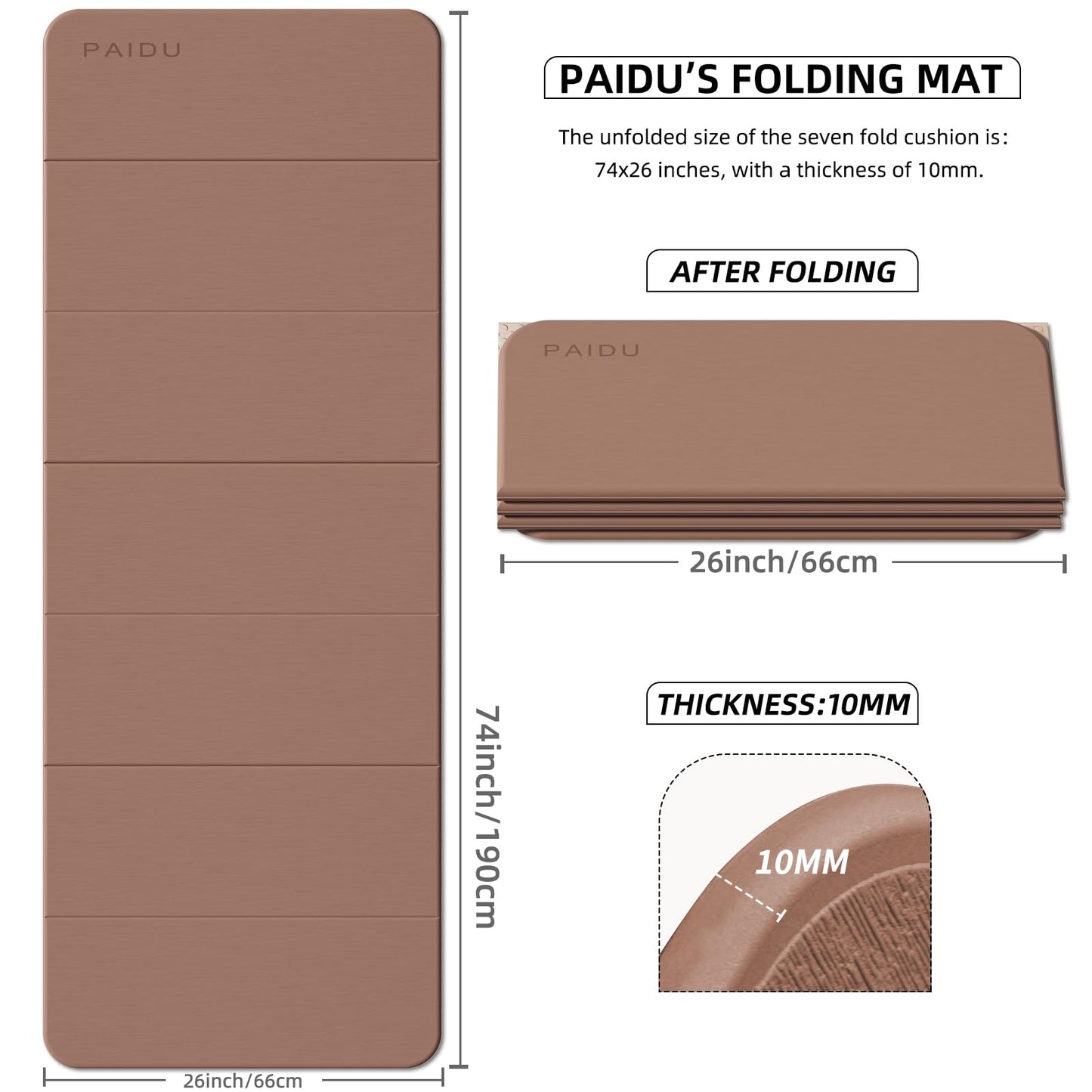 PAIDU Foldable Yoga Mat 10MM Thick SGS Certified TPE 75x26" Portable
