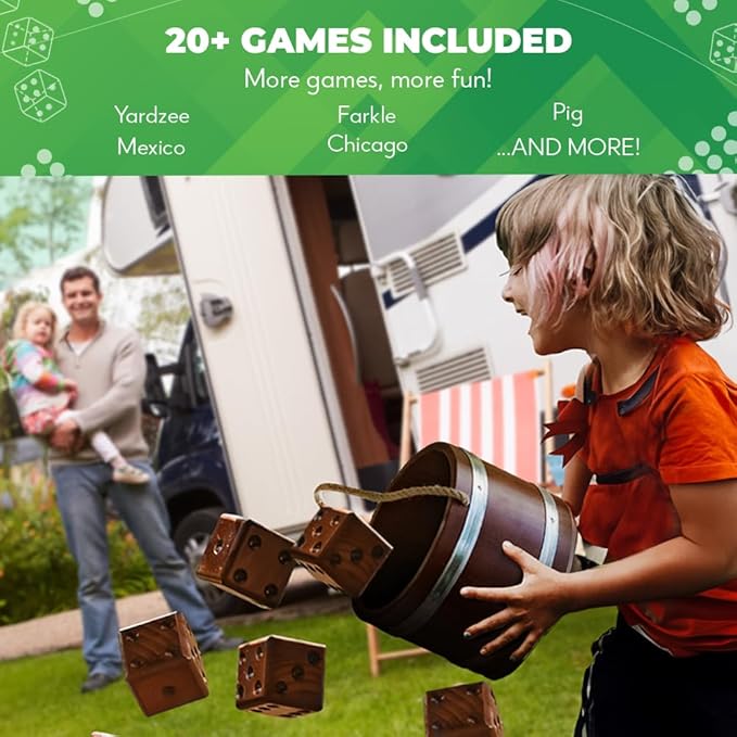 SWOOC Games - Yardzee, Farkle & 20+ Giant Dice Games (All Weather) with Wood Bucket, 5 Scorecards &