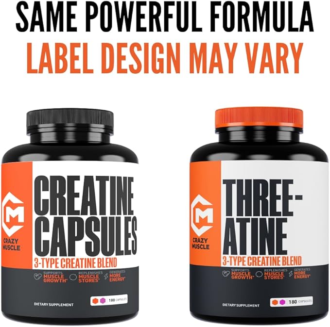 Creatine Capsules, 5g Premium 3X ThreeAtine Pre Workout Bulk Muscle Mass Gainer, High Absorption