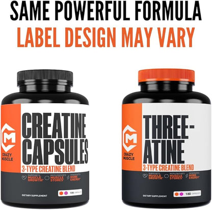 Creatine Capsules, 5g Premium 3X ThreeAtine Pre Workout Bulk Muscle Mass Gainer, High Absorption