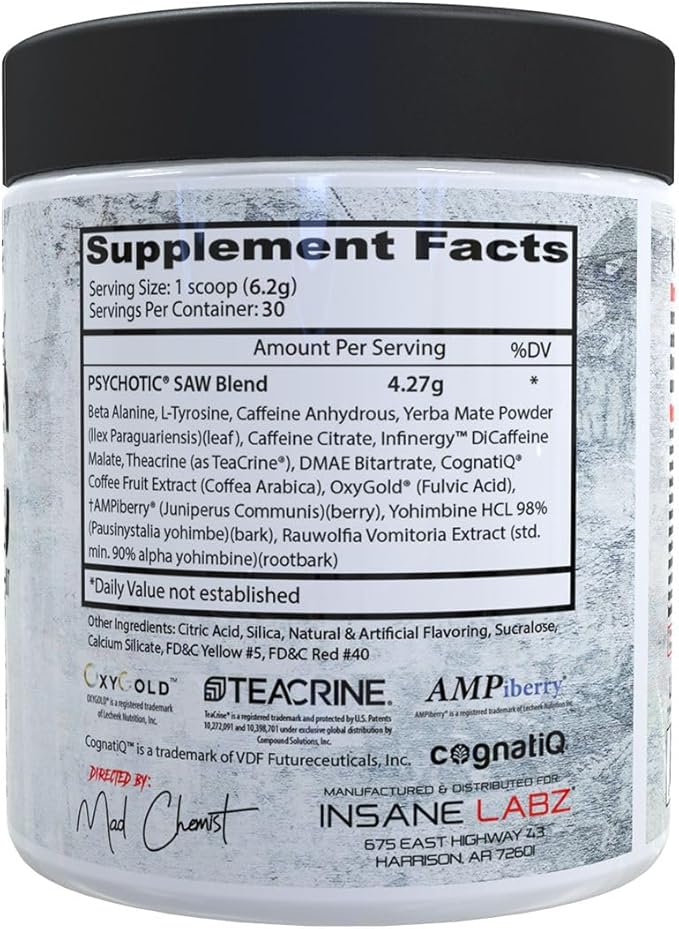 Insane Labz Psychotic Saw, High Stim Pre Workout Powder with OxyGold­??and AMPiberry®,Extreme
