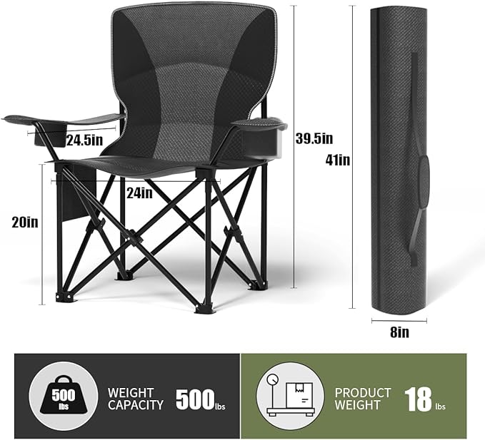 Heavy Duty Folding Chair 500LB Capacity, Oversized Camping Chairs with Cup Holder, Cooler Bag &