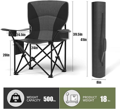 Heavy Duty Folding Chair 500LB Capacity, Oversized Camping Chairs with Cup Holder, Cooler Bag &