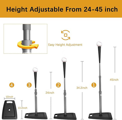 Baseball Tees for Hitting Adjustable Height Batting Tee 24" to 45" Easy Assemble Softball Tee with
