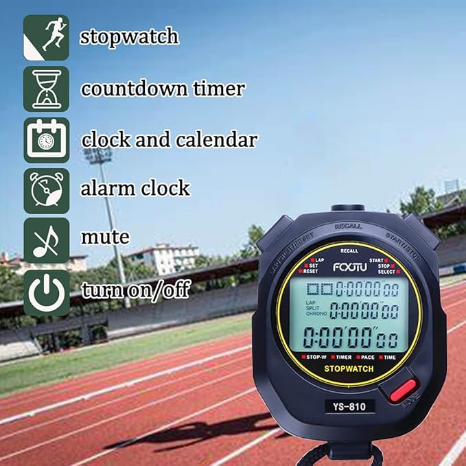 FCXJTU Digital Sports Stopwatch Timer 10/100 Lap Split Memory Stopwatch Calendar Alarm, Pace Mode