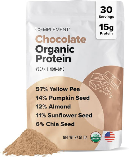 Complement Organic Chocolate Vegan Protein Powder (30 Servings) Low Carb, Low Calorie, Sugar Free