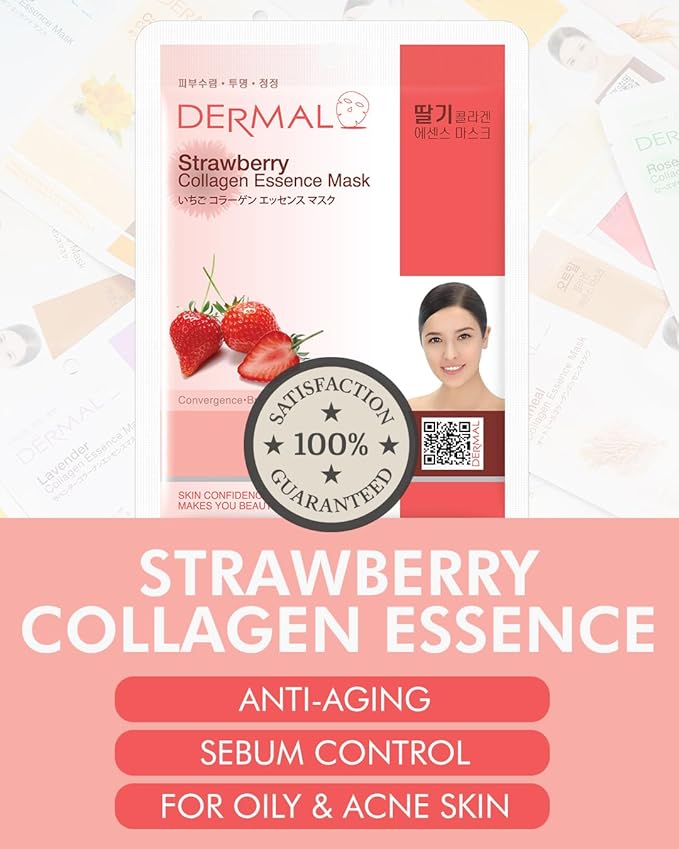 DERMAL Strawberry Collagen Essence Facial Mask Sheet 23g Pack of 10 - Pore Tightening & Sebum