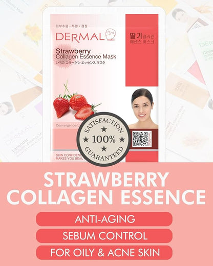 DERMAL Strawberry Collagen Essence Facial Mask Sheet 23g Pack of 10 - Pore Tightening & Sebum