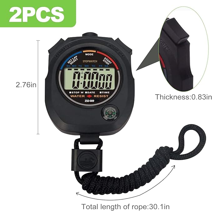 2 Pack Multi-Function Digital Stopwatch Timer, Large Display with Date, Time, and Alarm, Ideal for