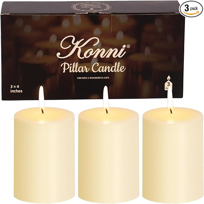KONNI Ivory Pillar Candles Set of 3, 3"x 4" Unscented Pillar Candles Bulk, 39 Hours Long Burning