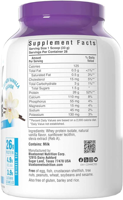 BlueBonnet Nutrition Whey Protein Isolate Powder From Grass Fed Cows, 26g of Protein, No Sugar