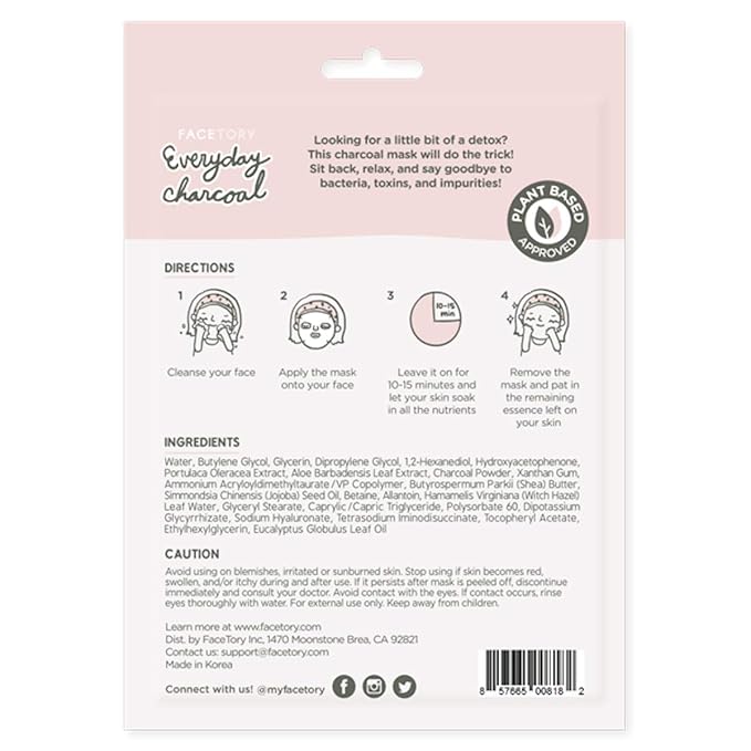 FACETORY K Beauty Face Mask Skin Care - Everyday CHARCOAL Detoxifying Sheet Mask | Plant-Based