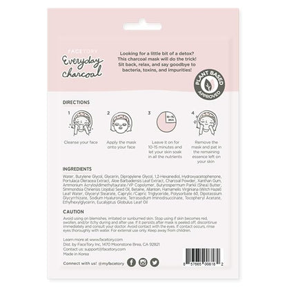 FACETORY K Beauty Face Mask Skin Care - Everyday CHARCOAL Detoxifying Sheet Mask | Plant-Based