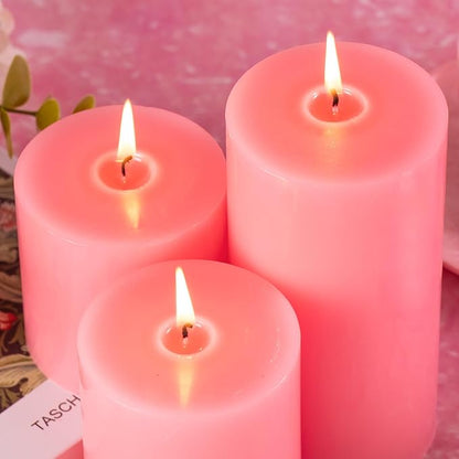 KONNI Pink Pillar Candles Set of 3, 3"x 4" Unscented Pillar Candles Bulk, 39 Hours Long Burning