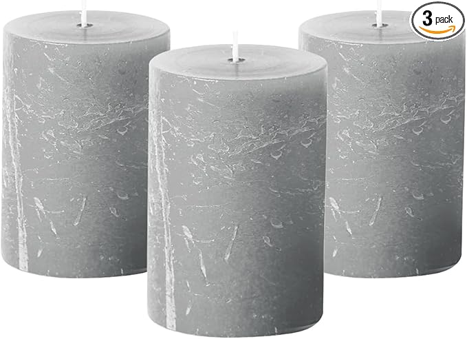 Simply Soson 3x4 inch Grey Pillar Candles Set of 3, Rustic Texture, Unscented Grey Candles