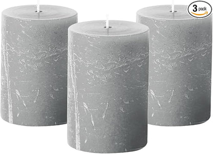 Simply Soson 3x4 inch Grey Pillar Candles Set of 3, Rustic Texture, Unscented Grey Candles