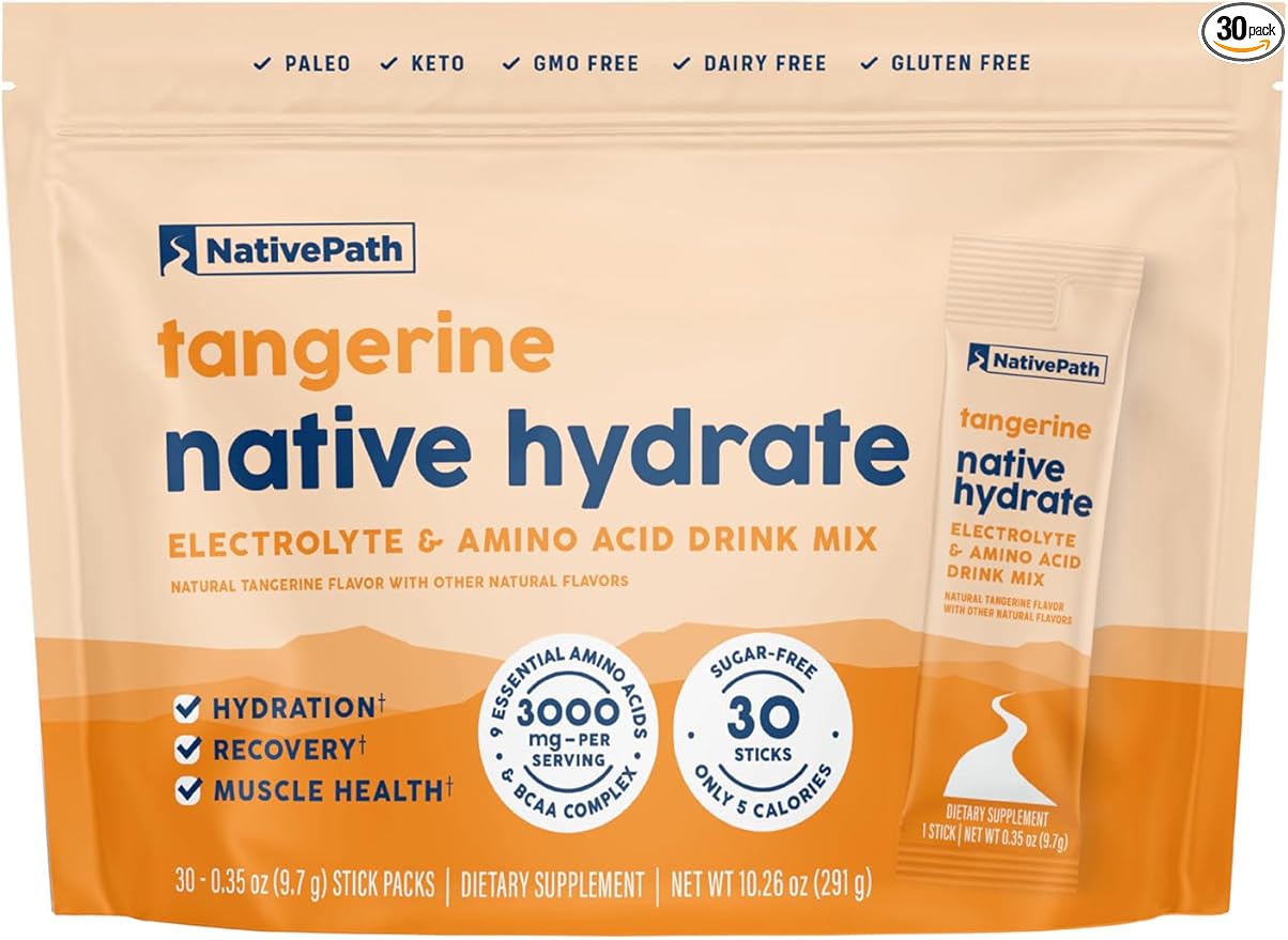 NativePath Native Hydrate Stick Packs, Sugar Free Electrolytes Powder with BCAAs, Tangerine