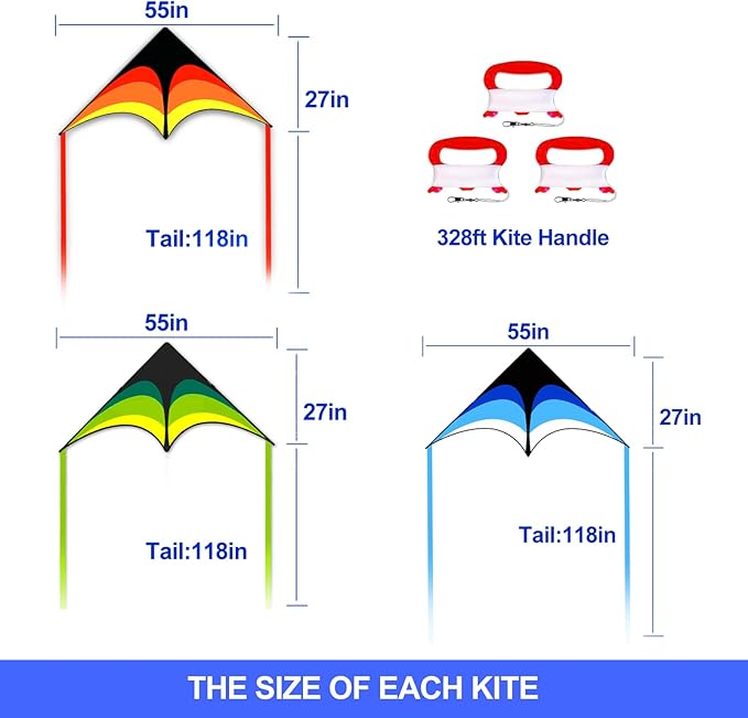 3 Pack Delta Kite Set for Adults and Kids, Single Line Beach Kites for Boys & Girls, Three Handle