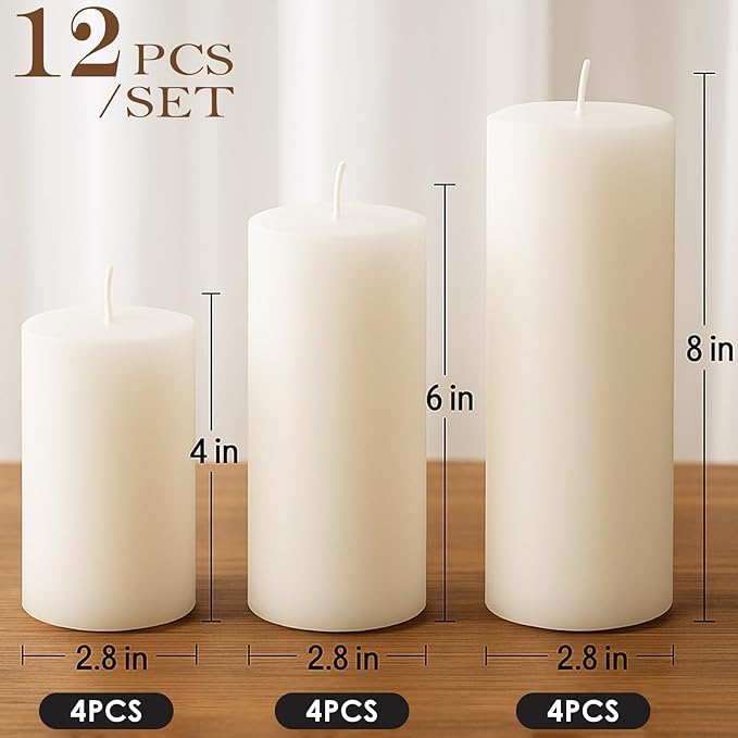 White Pillar Candles Set, 12 Packs, 2.8 in x 4, 6, 8 Inch Assorted Size Unscented Pillar Candles